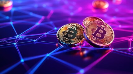 Poster - Bitcoin Coins on a Digital Network Background