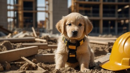 The puppy is wearing a yellow harness and he is curious about the hard hat