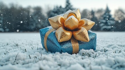 Wall Mural - A Blue Gift Box with a Glittering Gold Bow Resting in Freshly Fallen Snow