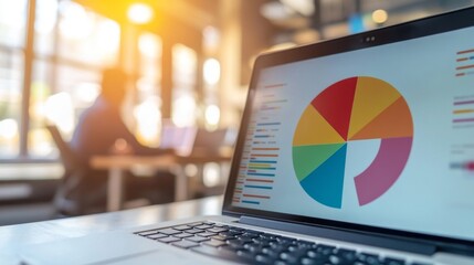 Leinwandbilder - A colorful pie chart displayed on a laptop screen in a modern office setting, with a business professional analyzing data in the background.