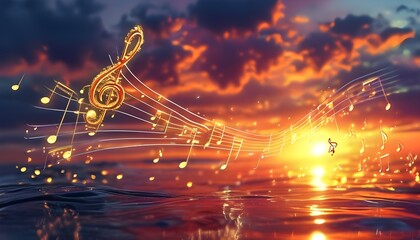 Enchanting sunset filled with floating musical notes, evoking a magical ambiance for music and nature enthusiasts