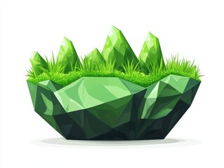 Wall Mural - geometric design of green crystal with grass, white isolated background.