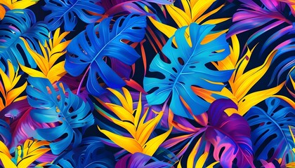 Exotic botanical pattern of vibrant tropical leaves in blue, purple, and yellow tones