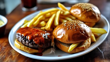 Wall Mural - Savory hamburger with fresh bun served alongside crispy golden fries