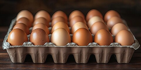 A full carton of brown eggs, nestled in the papery embrace of their protective container, awaits their culinary destiny.