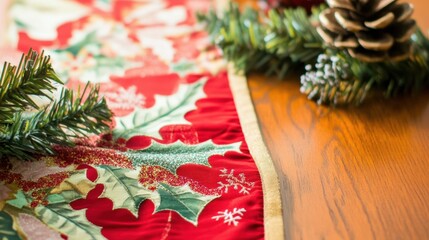 Wall Mural - Festive Christmas Table Decor with Holly and Pinecones