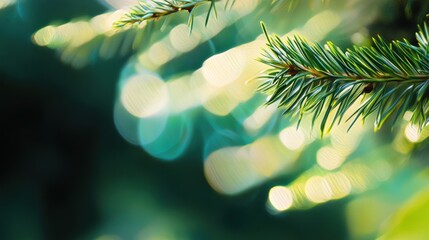 Sticker - Close-up of Lush Green Pine Needles with Bokeh Effect