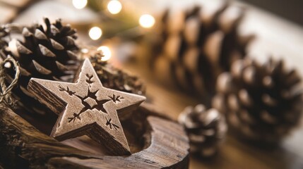 Wall Mural - Wooden Star Ornament with Pine Cones and Lights