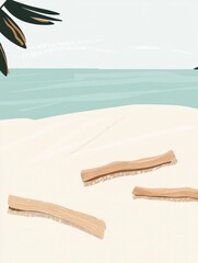 Sticker - Tranquil Beach Scene with Driftwood and Calm Waters