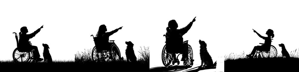 Modern silhouette of a disabled girl in a wheelchair showing her dog a finger at the sky with a happy child at her side