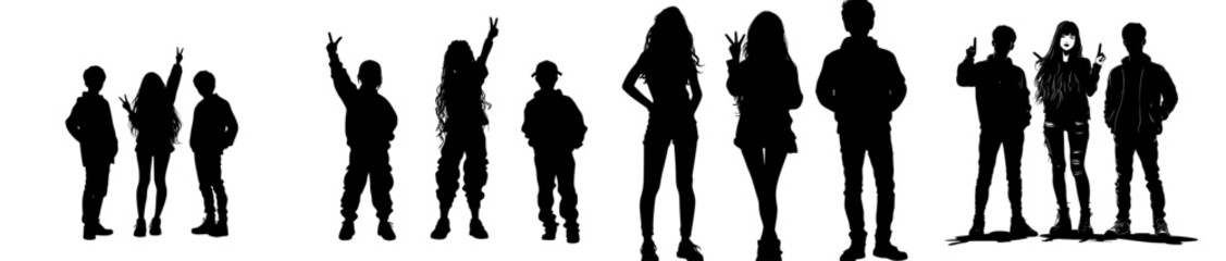 Children's silhouettes posing against a white background. Two children together.