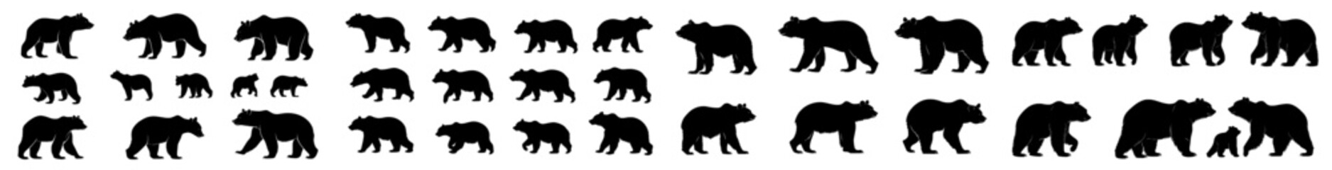 Set of black flat modern bear silhouette icons isolated on the transparent background. Bear animal collection in various poses, positions and colors for zoos, wildlife, graphic, web and mobile