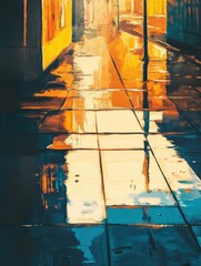 Poster - Colorful Reflections on Wet Pavement in Urban Alleyway