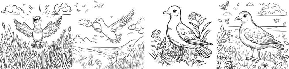 A cute sailing bird doodle cartoon, outline for children's mascots, illustrations of seagulls