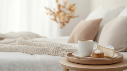 Poster - A cozy bedroom scene featuring cup of coffee and slice of cake on wooden tray, complemented by soft pillows and warm blanket. atmosphere is inviting and serene