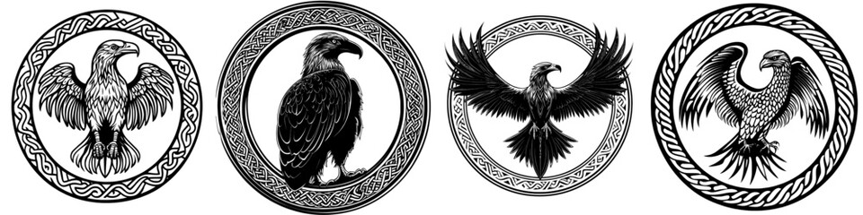 A vulture bird with a stencil logo, art nouveau decoration, and black-and-white animal illustrations