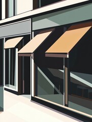 Wall Mural - Stylized Urban Facade with Awnings and Large Windows