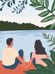 Sticker - Couple Relaxing by the Serene Lake Landscape