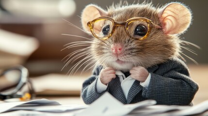 Poster - A mouse wearing glasses and a suit is sitting on top of papers, AI