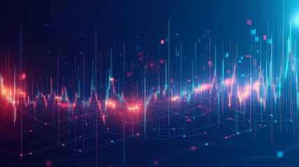 Poster - Colorful digital sound wave visualization representing audio frequencies with vibrant blue and red lights