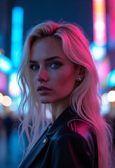 Wall Mural - Blonde female in a profile portrait, background of cityscape at night