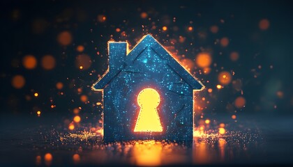 Illuminated house icon featuring keyhole representing online security and digital protection amidst a dark abstract backdrop with glowing particles