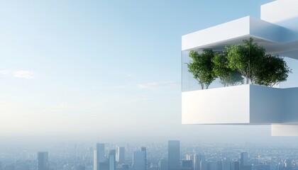 Eco-Friendly Urban Tower, Show a sleek, transparent building in an urban setting, with large trees growing within its structure, highlighting eco-friendly architectural practices.