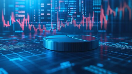 Poster - a digital 3d pie chart floating in front of a background filled with financial charts, numbers, and 