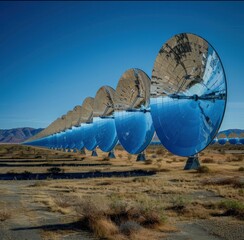 Solar panels with reflective surfaces in a desert landscape under a clear blue sky