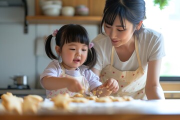 Wall Mural - Japanese mother and daughter decorating summer cookies eating child adult.