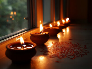 A glowing row of traditional earthen oil lamps diyas placed on a windowsill