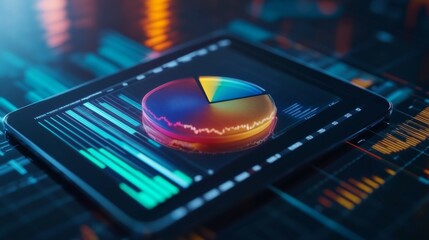 Poster - a dynamic 3d pie chart on a tablet, displayed alongside bar graphs and stock market trends, represen