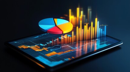 Poster - a dynamic 3d pie chart on a tablet, displayed alongside bar graphs and stock market trends, represen