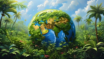 Artistic depiction of Earth adorned with vibrant greenery, embodying the essence of environmental conservation and natures splendor.