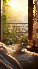 Wall Mural - Beautiful morning architecture windowsill coffee.