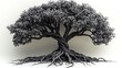 © TranNgoc - A black and white tree of life with detailed roots and branches intertwining, symbolizing growth and connection, soft gradient shading and strong contrasts in the leaves and bark.