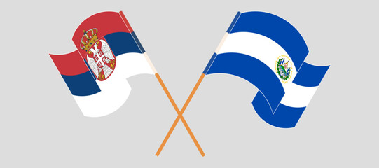 Sticker - Crossed and waving flags of Serbia and Republic of El Salvador. Vector illustration