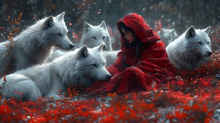 A woman in a red hooded cloak sits in a clearing surrounded by white wolves.