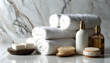 Wall Mural - Elegant Spa Retreat: White Towels and Bath Products on Refined Marble Setting