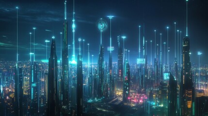 Canvas Print - A futuristic city skyline illuminated at night, with glowing signals representing wireless networks, symbolizing the advancement of technology and connectivity.