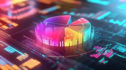 Leinwandbilder - A futuristic financial report featuring a 3D pie chart with bright colors, set against a background of stock market graphs and digital analytics.