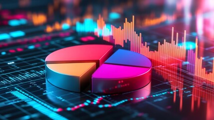 Leinwandbilder - A futuristic financial report featuring a 3D pie chart with bright colors, set against a background of stock market graphs and digital analytics.