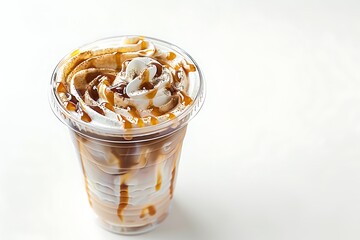 Iced caramel macchiato in plastic cup on white background