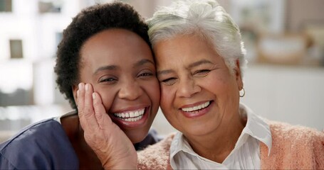 Wall Mural - Nurse, portrait and hug with senior woman, smile and compassion of caregiver, couch and nursing home. Support, embrace and elderly person with medical professional, rehabilitation and healthcare