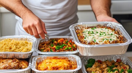 Poster - A man is preparing food in aluminum foil trays on a table, AI