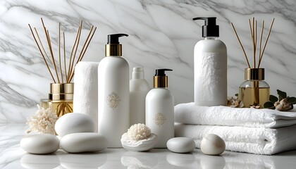 Wall Mural - Luxurious Spa Setup with White Towels and Elegant Products on Refined Marble Surface