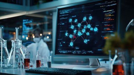 A 3D molecular model on a digital screen in a modern lab, with scientists analyzing its structure in the background.