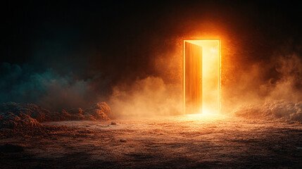 Wall Mural - A door is open in a field of smoke and fire. The smoke is thick and the fire is orange. The scene is eerie and mysterious