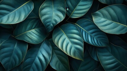 closeup of exotic dark tropical leaves emphasizing intricate textures and patterns deep shadows and rich tones create a moody abstract composition reminiscent of organic art