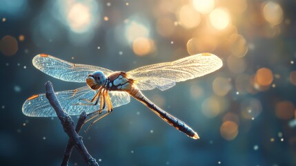 Aufkleber - A macro perspective of a dragonfly perched on a twig, with its wings shimmering in the sunlight, showcasing the elegance of this flying insect.